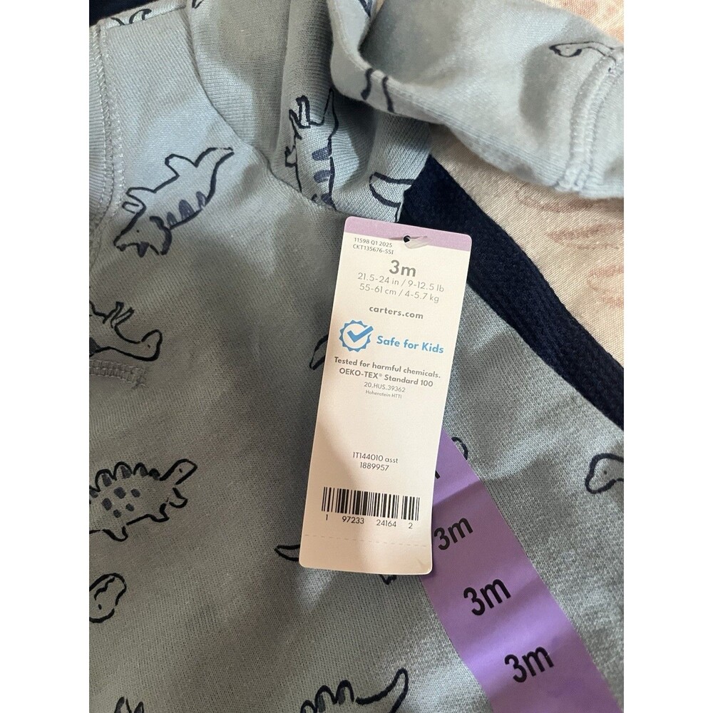Carter’s 2 Piece Long Sleeve Jumpsuits Size 3 Month 1 Solid Blue & 1 Dino Print - Picture 3 of 3